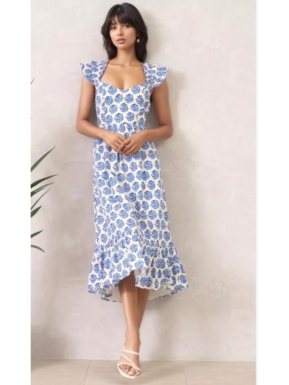 Yumi Kim Betty Dress Blue Floral Midi Sz M 100% cotton